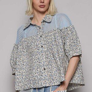 POL Blue Multi Crochet Contrast Button Top NWT